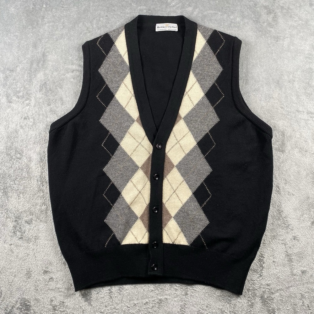 VTG Mackinnon of Scotland Sweater Vest‎ Mens Size L Black 100% Lambs Wool Argyle